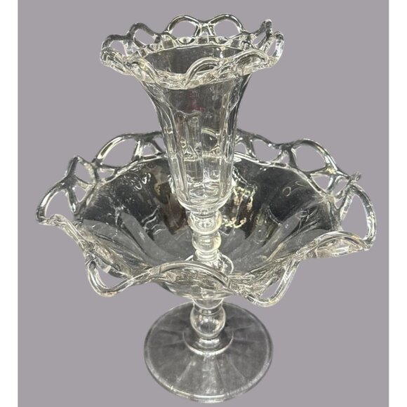 Vtg Imperial Glass Crocheted Edge Crystal Epergne Centerpiece Elegant Design 11" - Picture 2 of 7